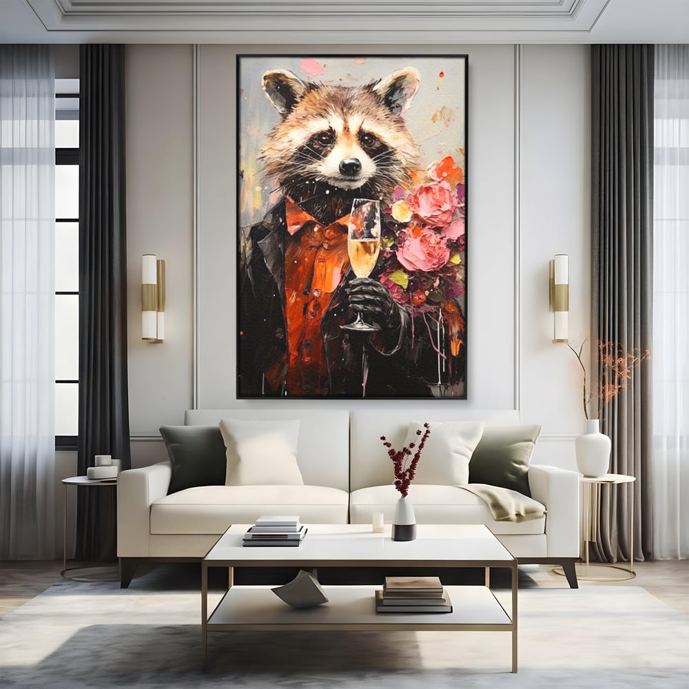 Tablou canvas cu tablou canvas cu raton elegant tinand pahar de sampanie, in rama de aluminiu negru, pe perete intr-un living